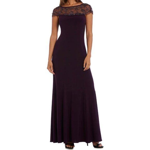 R&M Richards Sheer Beaded Neck and Shoulder Maxi Dress - Plum Purple - size 12 - Picture 12 of 12